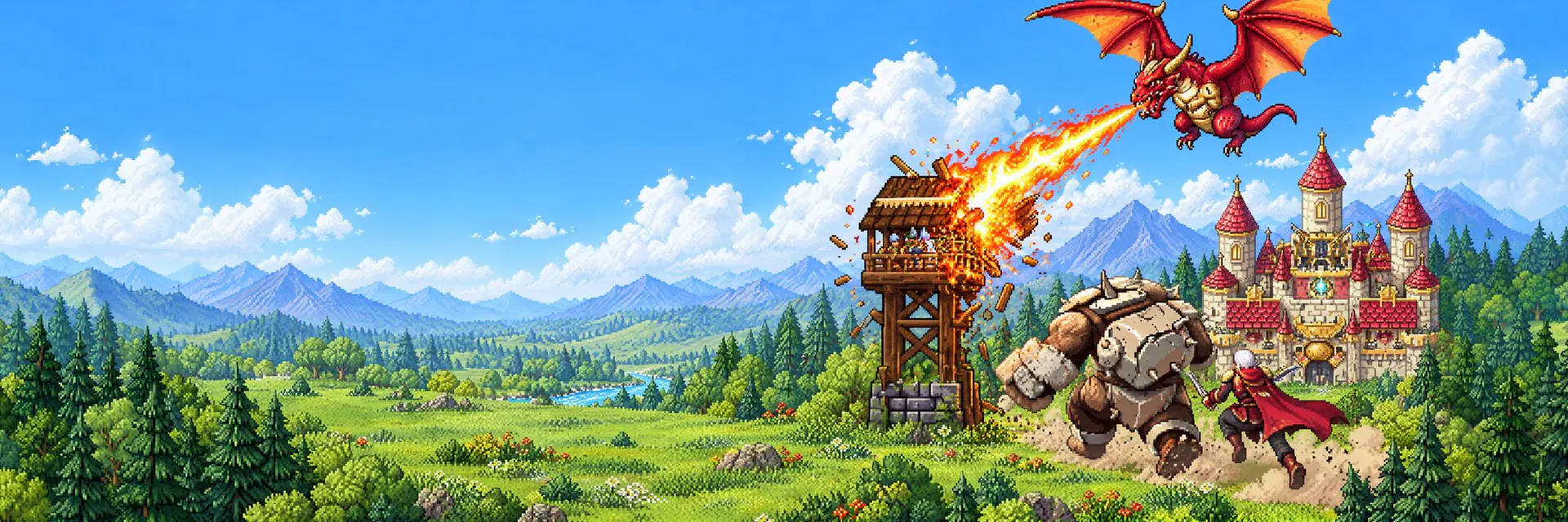 A red dragon breathes fire on a wooden watchtower while a stone giant and a red-caped hero charge a castle.