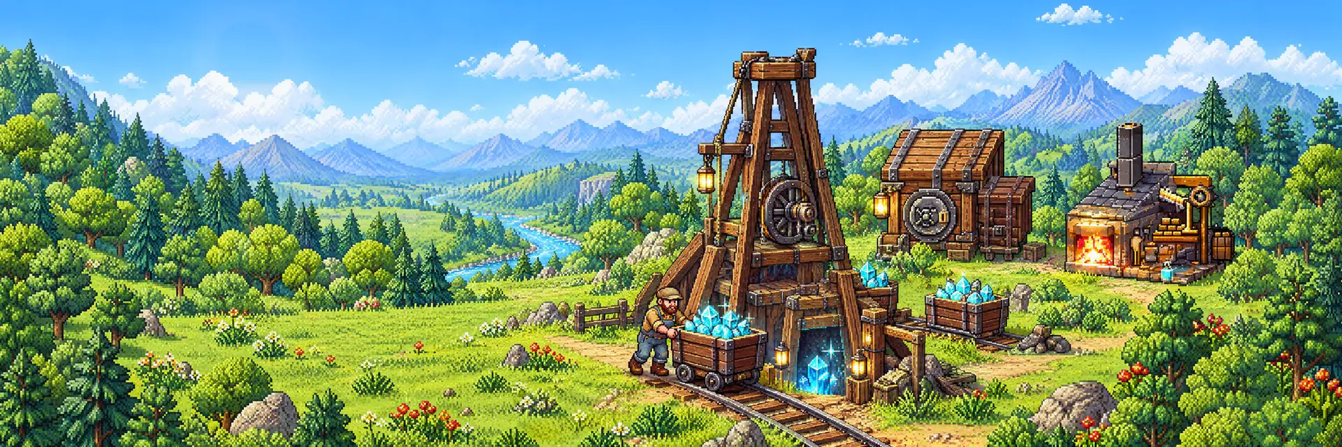 A miner pushes a cart of blue crystals out of a timber mine head beside a workshop and a glowing forge.