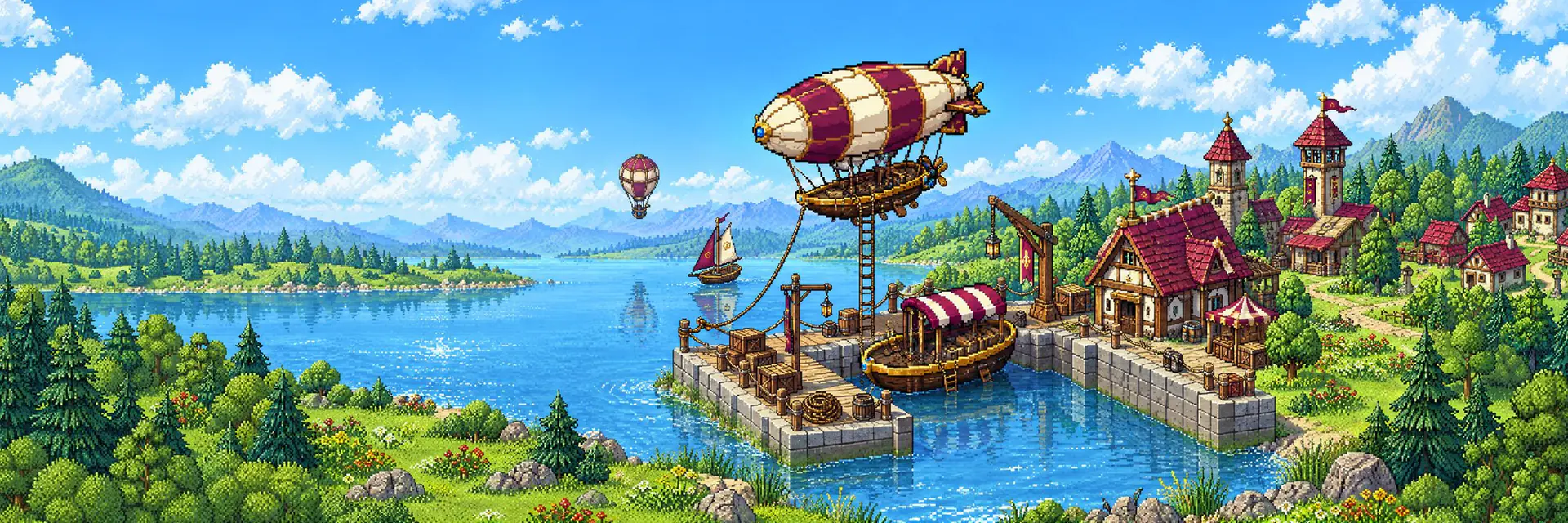 An airship moored above a harbour, with a boat at the stone pier and a town on the shore.