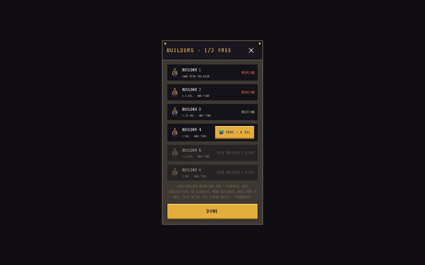 The builders panel showing owned builders and the next purchase