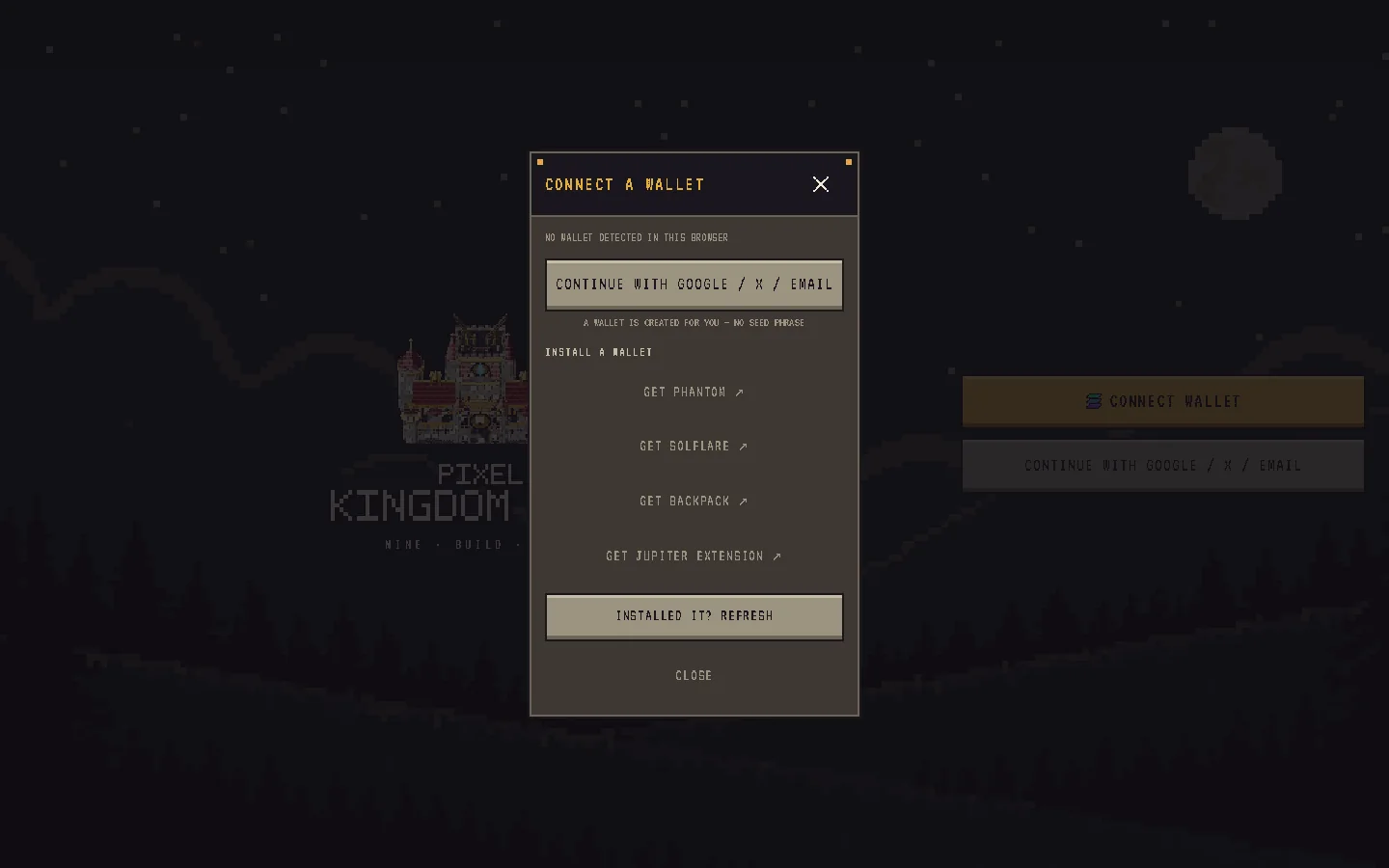 The connect sheet listing detected wallets and install options