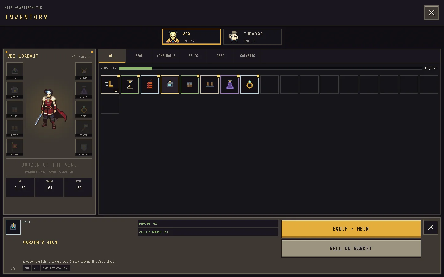 The inventory with owned items and backpack capacity