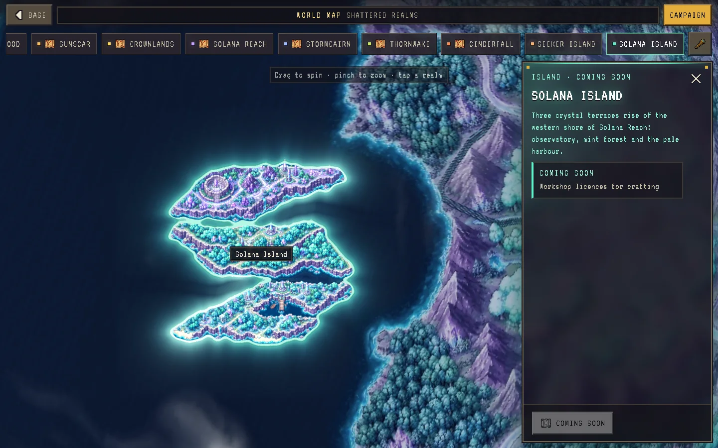 Solana Island on the Realms Globe: three crystal terraces on the sea beside its ISLAND · COMING SOON panel, which lists workshop licences for crafting