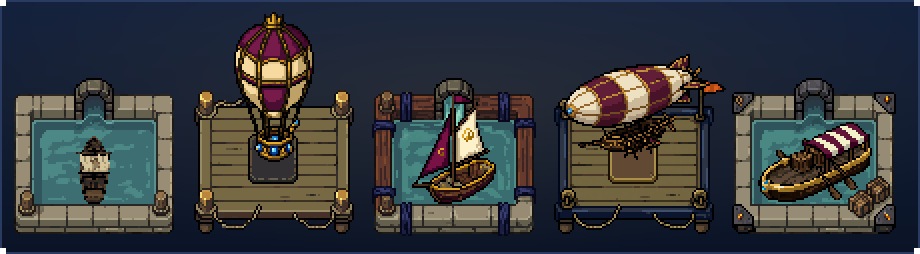 Five berths with their vehicles docked and bobbing on the water or at their moorings: the starter boat in a stone basin, a survey balloon on a timber platform, a cargo cutter in a tidal basin, a courier airship on its deck and an expedition barge in a basin