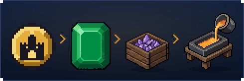 The KEEP coin, a gold arrow, a green step-cut Gem, a bin of SHARDS and the Workshop's casting station pouring and setting a Forge Ingot
