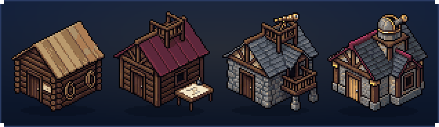 The Exploration Lodge at work, tiers 1 to 4: a log cabin, a lodge with a map table, a stone lodge with a lookout and a domed observatory lodge, their windows and lamps lit in turn