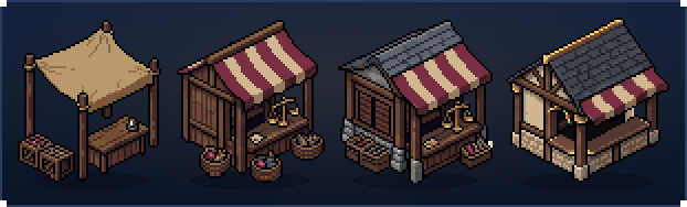 The Market at work, tiers 1 to 4: a canvas stall, a striped-awning stand with scales, a stone-footed shop and a timbered market hall, coins and goods moving on the counters
