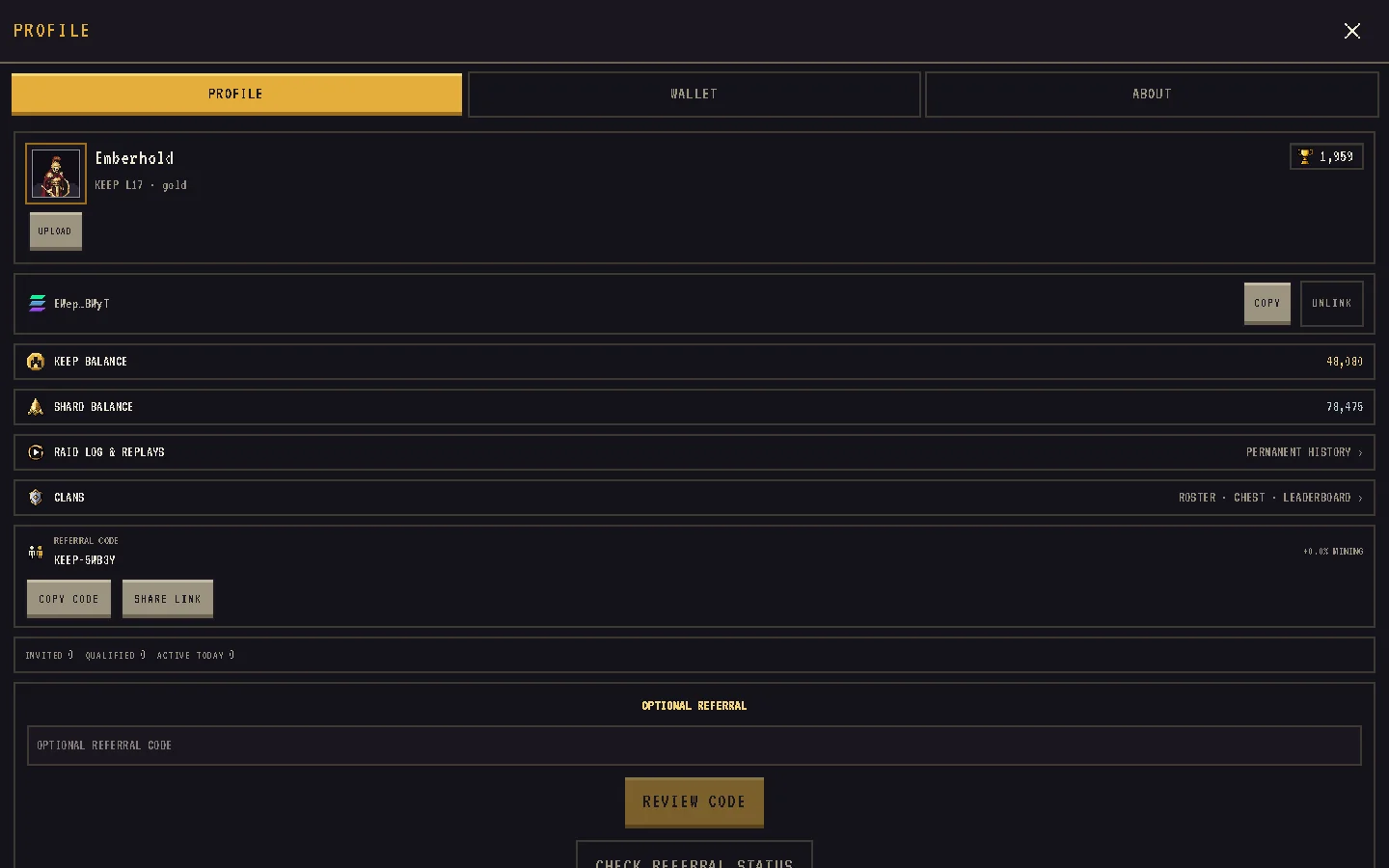 The profile screen with username, avatar and referral code
