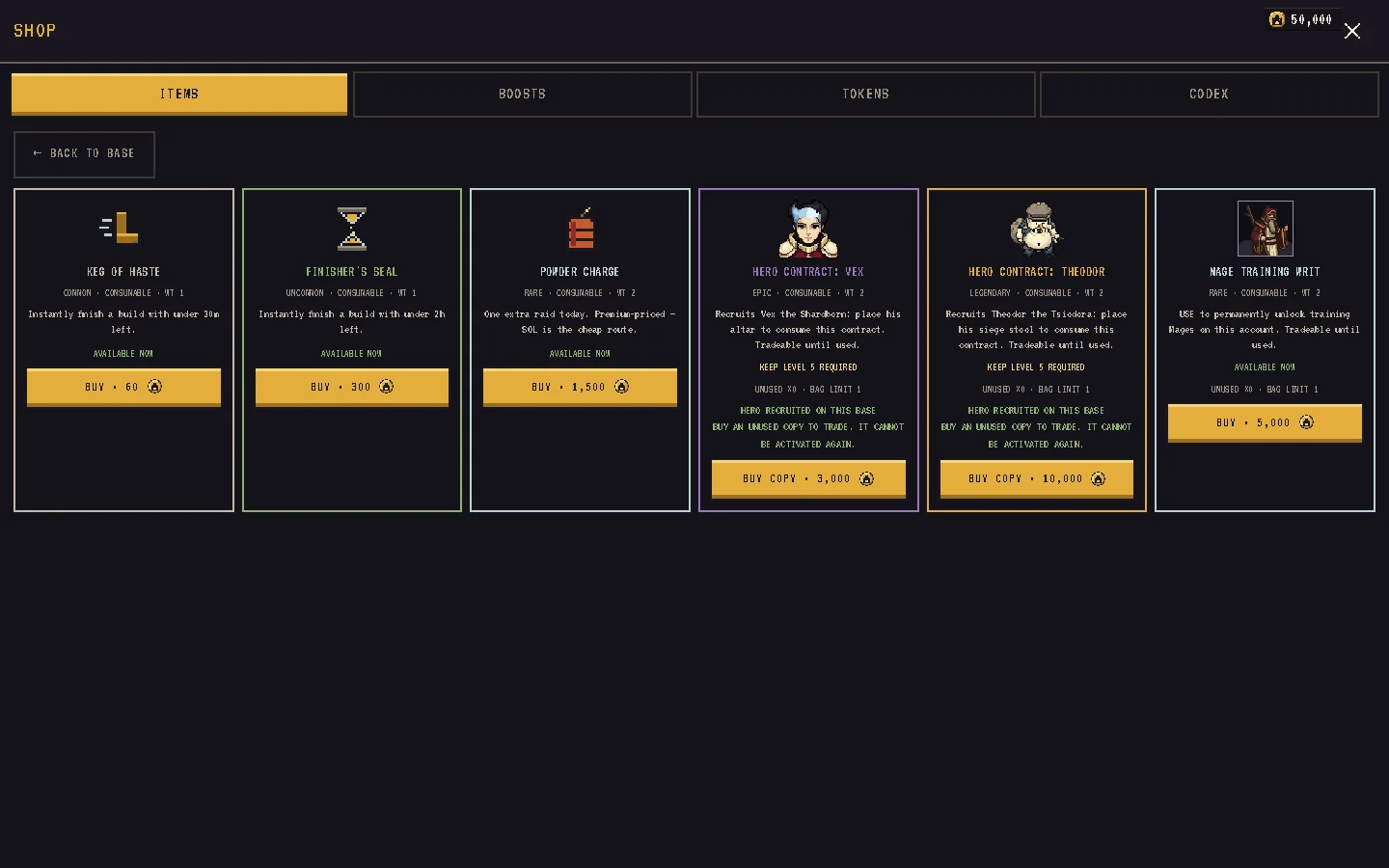 The Shop with its ITEMS, BOOSTS, TOKENS and CODEX tabs