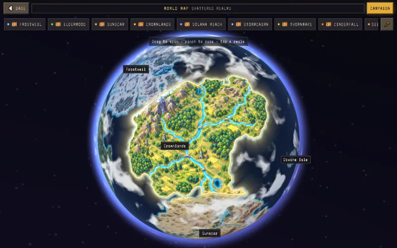 The Realms Globe: the painted world with the Crownlands at its centre, Frostveil to the north, Sunscar to the south and the Divine Isle offshore, under the realm rail.