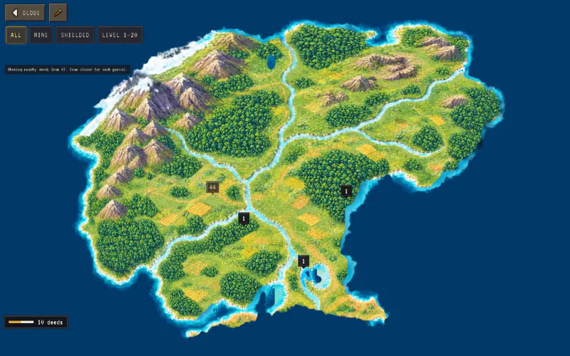 The Crownlands realm map: the whole realm of mountains, forests, rivers and farmland on its own sea, with numbers marking groups of kingdoms.