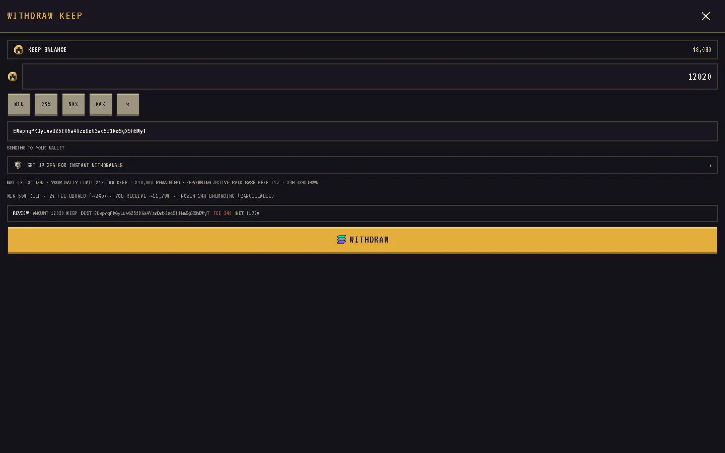 The withdraw screen with the quote, mode and confirmation
