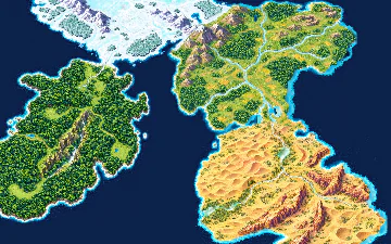 The Shattered Realms world map: Frostveil ice, the Crownlands, the Elderwood and the Sunscar dunes across the sea.