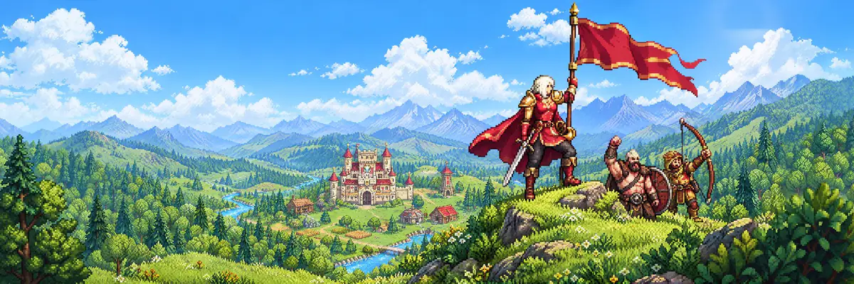 A hero plants a red banner on a hilltop beside a warrior and an archer, a kingdom in the valley below.
