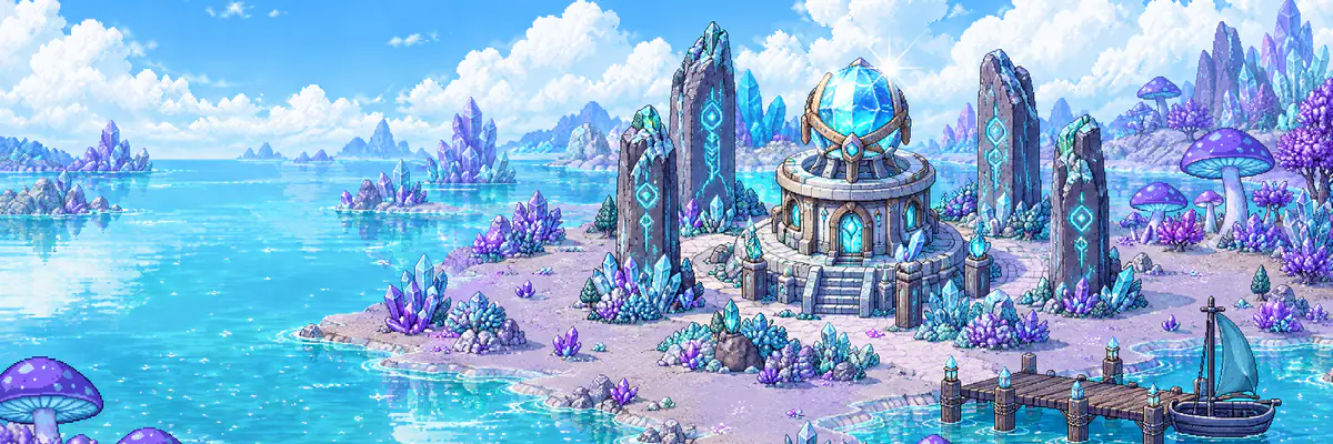 A crystal observatory ringed by rune stones on an island of Solana Reach, a sailing boat moored at the jetty.
